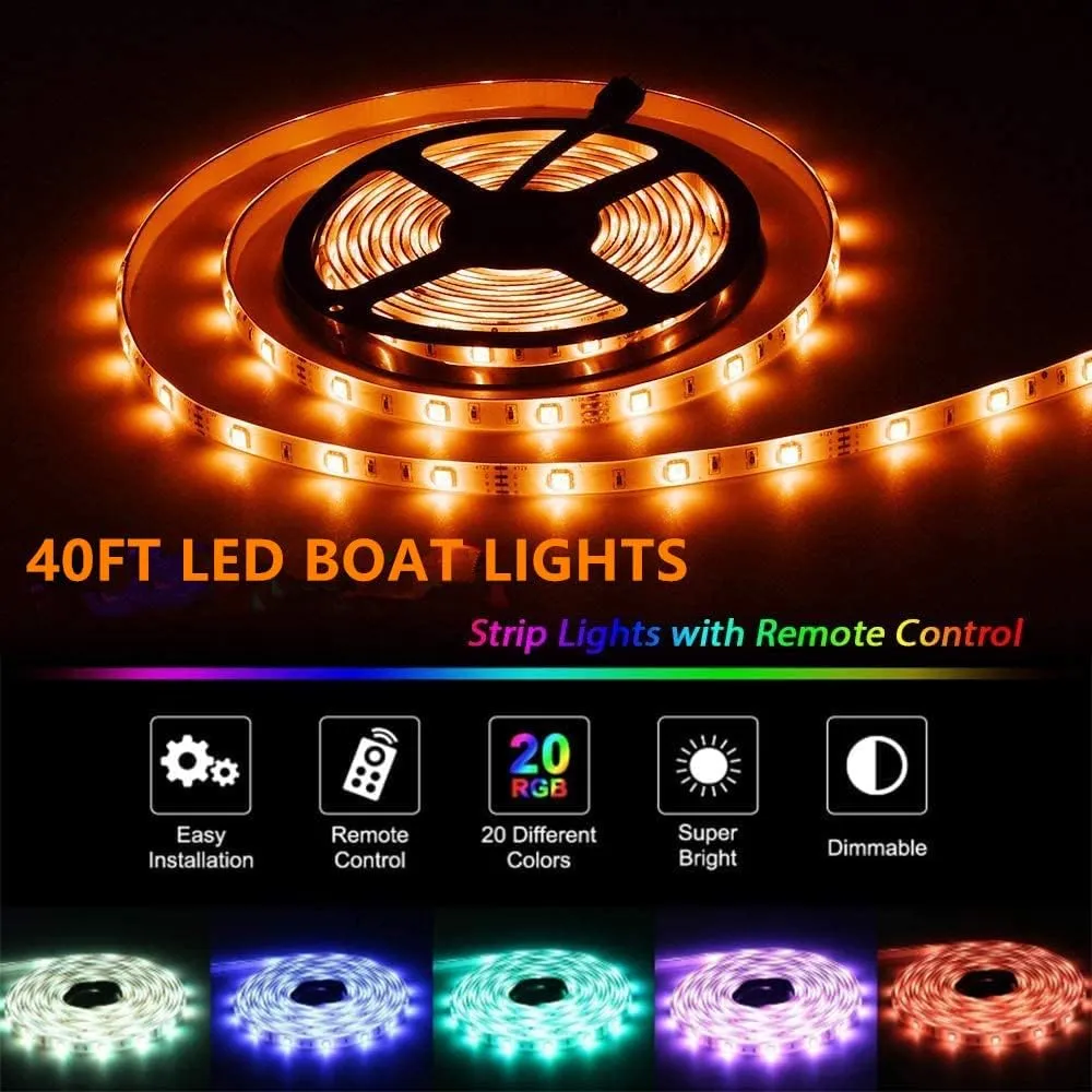 LED Boat Strip Lights, 12v 40FT Multi-Color Marine Pontoon Led Lights, Waterproof Boat Interior Light, Boats Deck Gunnel Hull Trailer Courtesy Light Strip, Night Fishing Lighting for Bass Jon Yacht