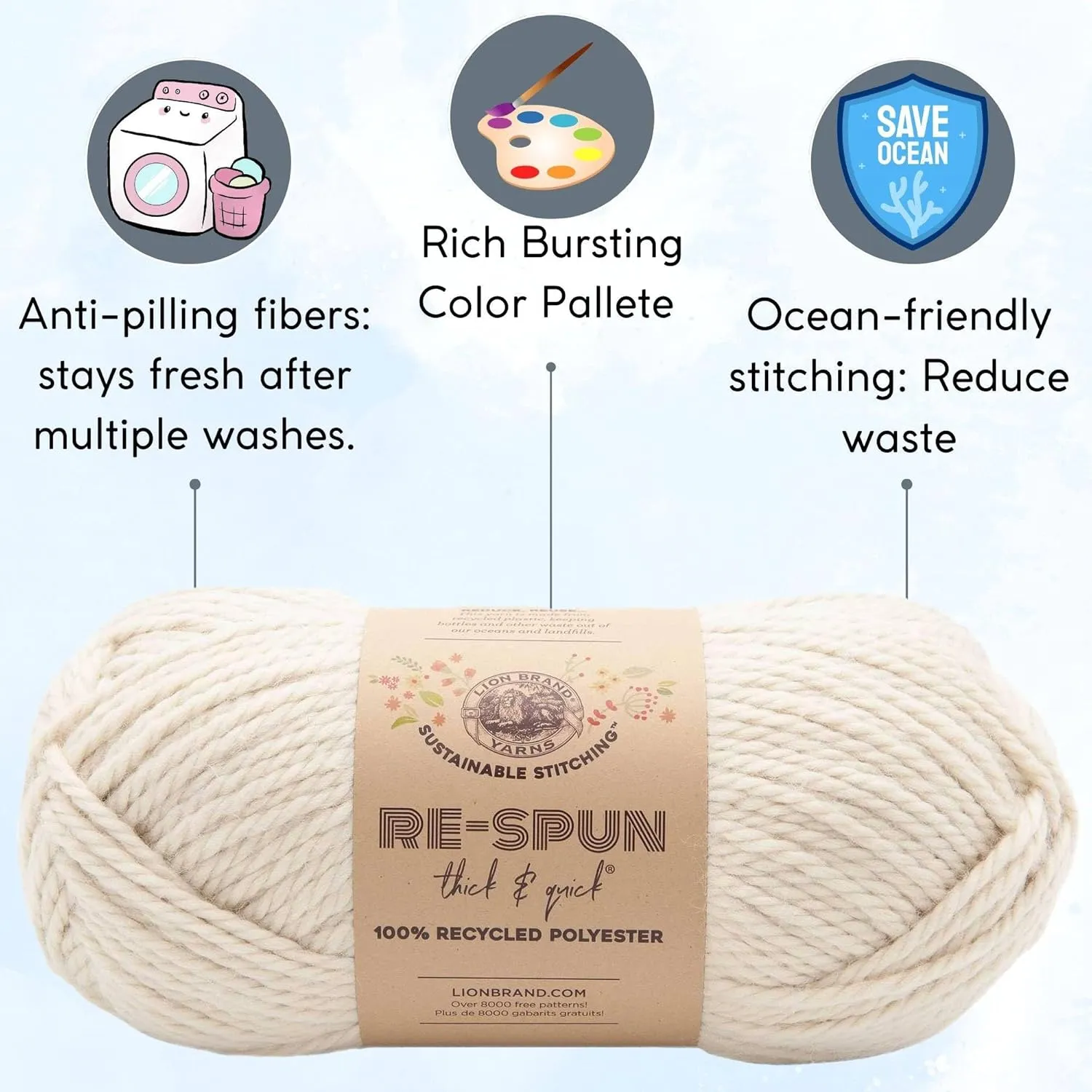 Lion Brand Re Spun Thick & Quick Whipped Cream 843-098 (3-Skeins - Same Dye Lot) Weight S Bulky #6 Polyester Yarn for Crocheting and Knitting with Project Bag