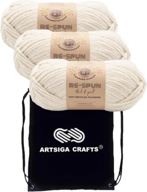 Lion Brand Re Spun Thick & Quick Whipped Cream 843-098 (3-Skeins - Same Dye Lot) Weight S Bulky #6 Polyester Yarn for Crocheting and Knitting with Project Bag