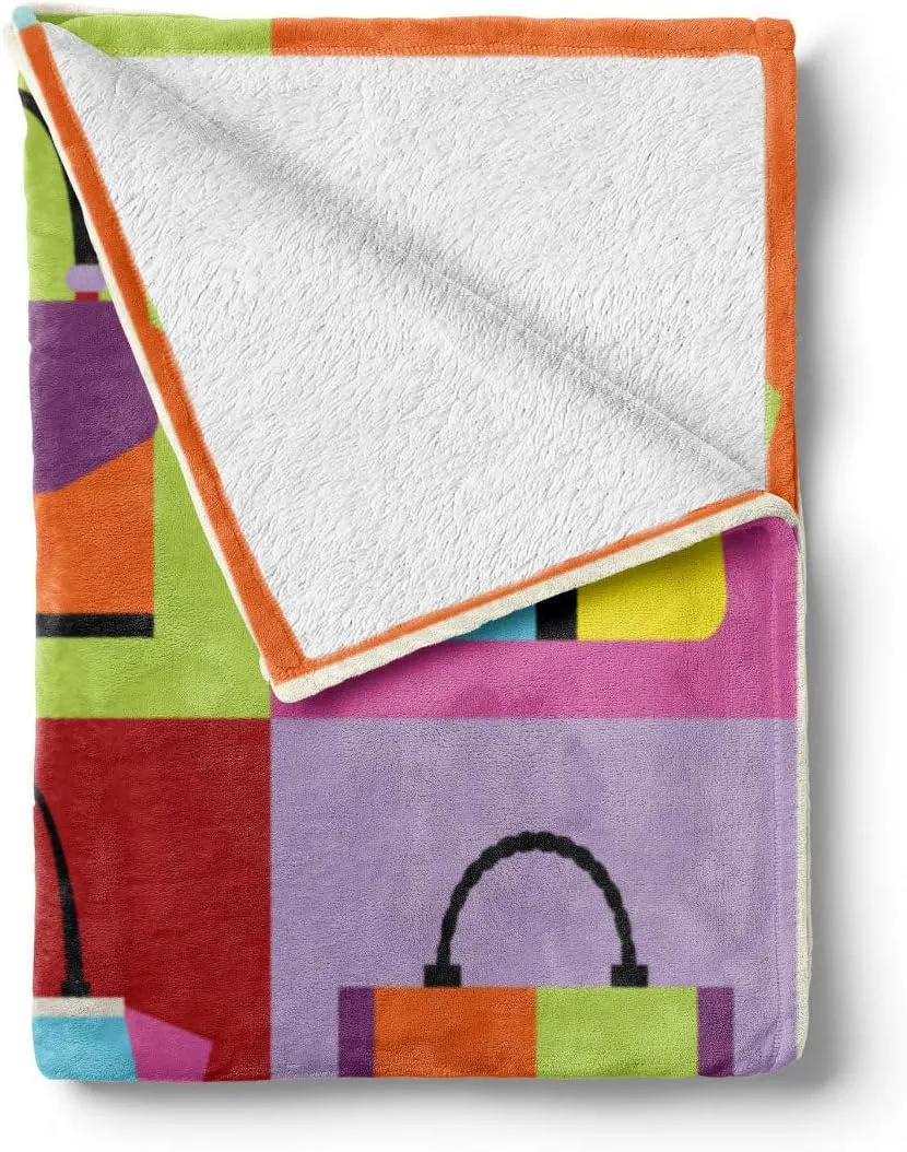 Lunarable Fashion Throw Blanket, Pop Art Style Flat Design Woman Handbag and Purse Composition with Colorful Tiles, Flannel Fleece Accent Piece Soft Couch Cover for Adults, 70" x 90", Multicolor