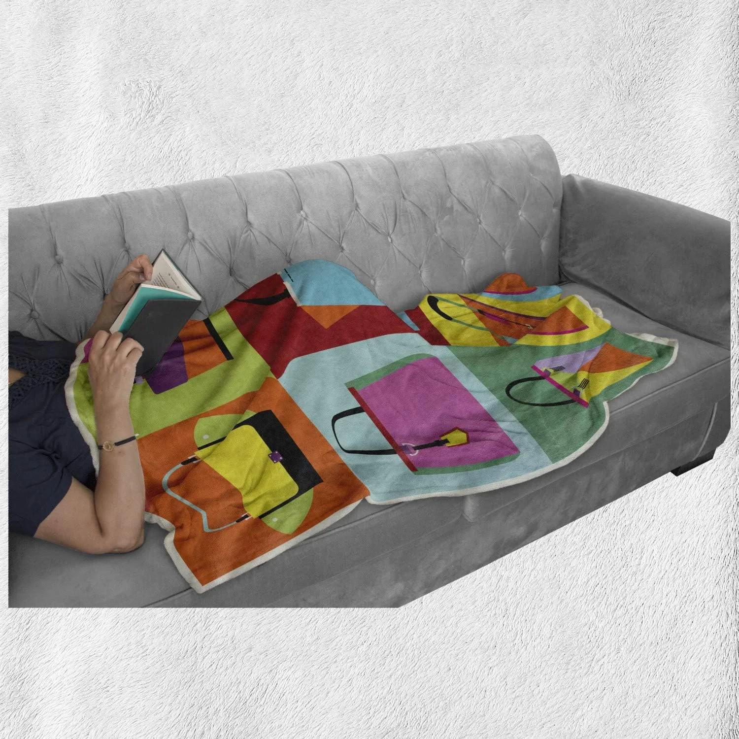 Lunarable Fashion Throw Blanket, Pop Art Style Flat Design Woman Handbag and Purse Composition with Colorful Tiles, Flannel Fleece Accent Piece Soft Couch Cover for Adults, 70" x 90", Multicolor