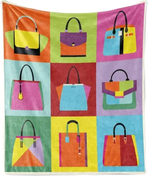 Lunarable Fashion Throw Blanket, Pop Art Style Flat Design Woman Handbag and Purse Composition with Colorful Tiles, Flannel Fleece Accent Piece Soft Couch Cover for Adults, 70" x 90", Multicolor