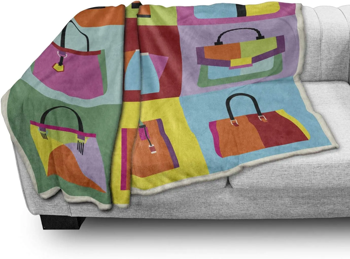 Lunarable Fashion Throw Blanket, Pop Art Style Flat Design Woman Handbag and Purse Composition with Colorful Tiles, Flannel Fleece Accent Piece Soft Couch Cover for Adults, 70" x 90", Multicolor