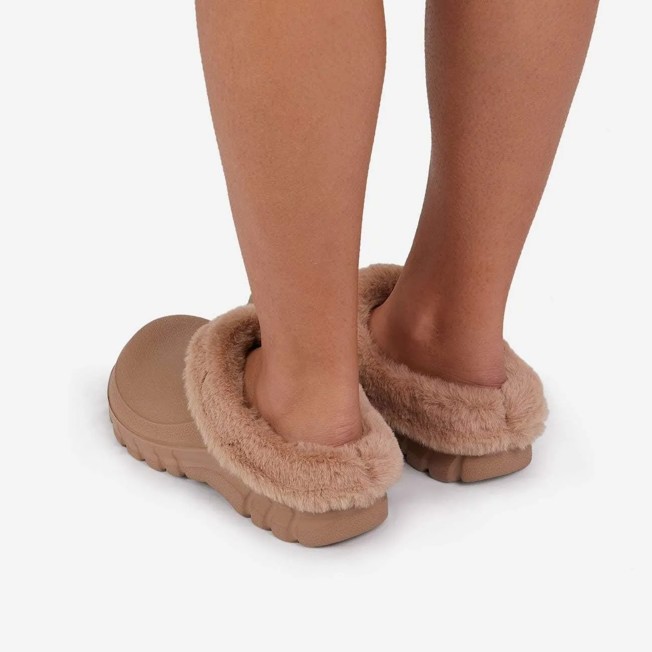 Luxemoda Women's Muffin Fluffy Faux Fur Trim Flat Rubber Mule Waterproof House Slipper