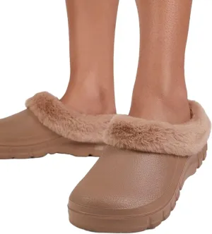 Luxemoda Women's Muffin Fluffy Faux Fur Trim Flat Rubber Mule Waterproof House Slipper