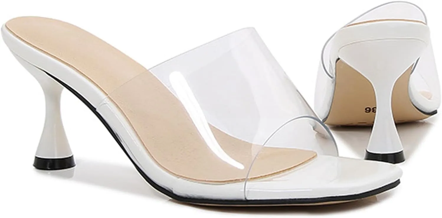 Lymphvity Clear Heeled Sandals for Women Kitten Heels Sandals Open Square Toe Transparent High Heel Mule Sandals Slip On Party Dress Shoes