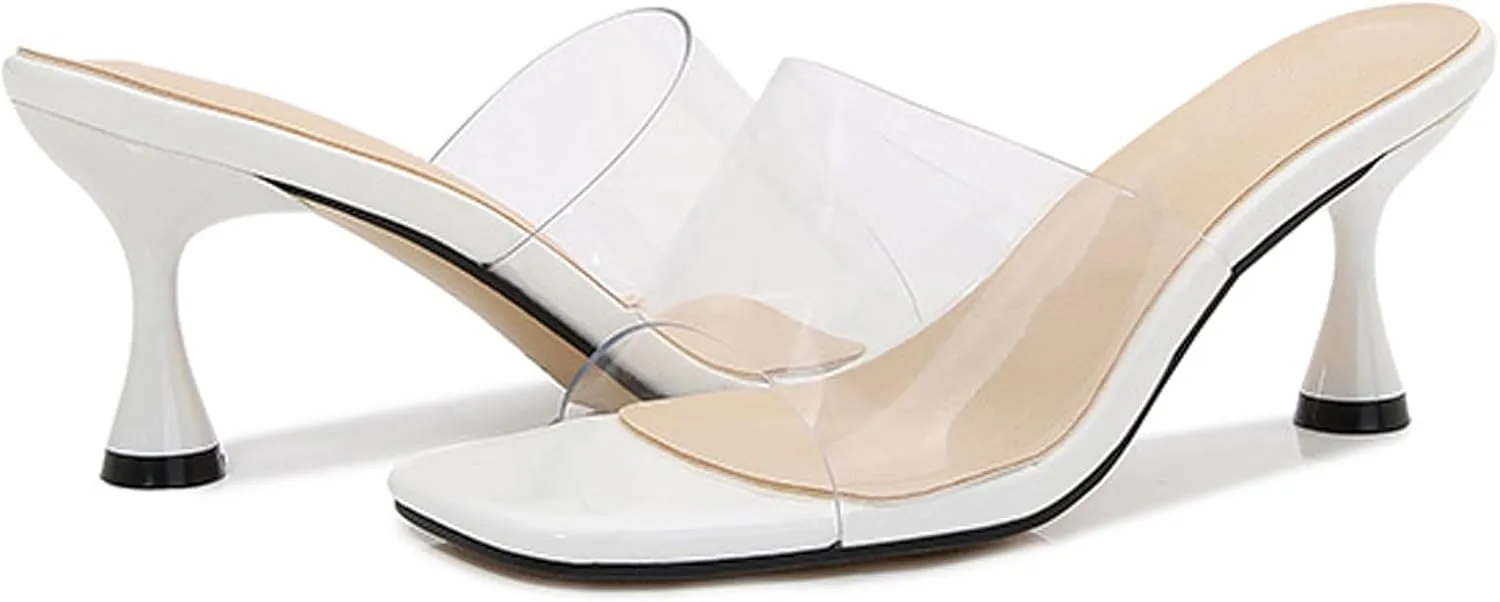 Lymphvity Clear Heeled Sandals for Women Kitten Heels Sandals Open Square Toe Transparent High Heel Mule Sandals Slip On Party Dress Shoes