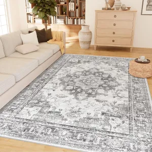 Machine Washable 5x7 Area Rugs for Living Room Vintage Carpet Non Slip Low Pile Water Repellent Soft Print Pattern for Bedroom Indoor Decor Polyester Rug Blackgray
