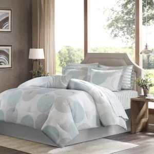 Madison Park Essentials Bed in a Bag Comforter, Vibrant Color Design All Season Down Alternative Cover with Complete Cotton Sheet Set, Full(78"x86"), Knowles, Circular Aqua, 9 Piece