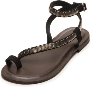Maiyang Women Fashion Studded Strappy Toe Ring Flat Sandals Soft Insole Ankle Strap Buckle Summer Vacation Casual Dress Shoes Size 4-16 US