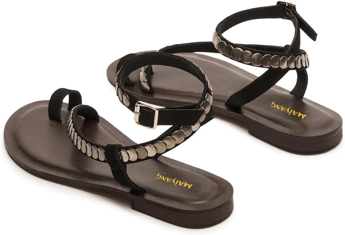 Maiyang Women Fashion Studded Strappy Toe Ring Flat Sandals Soft Insole Ankle Strap Buckle Summer Vacation Casual Dress Shoes Size 4-16 US