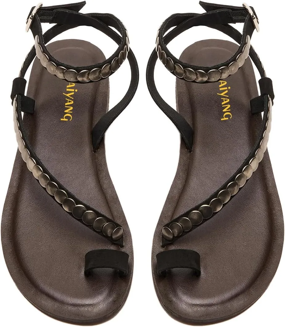 Maiyang Women Fashion Studded Strappy Toe Ring Flat Sandals Soft Insole Ankle Strap Buckle Summer Vacation Casual Dress Shoes Size 4-16 US