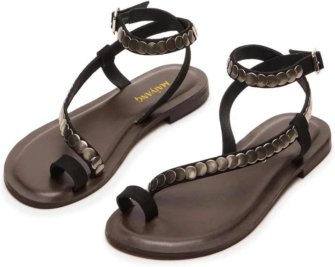 Maiyang Women Fashion Studded Strappy Toe Ring Flat Sandals Soft Insole Ankle Strap Buckle Summer Vacation Casual Dress Shoes Size 4-16 US