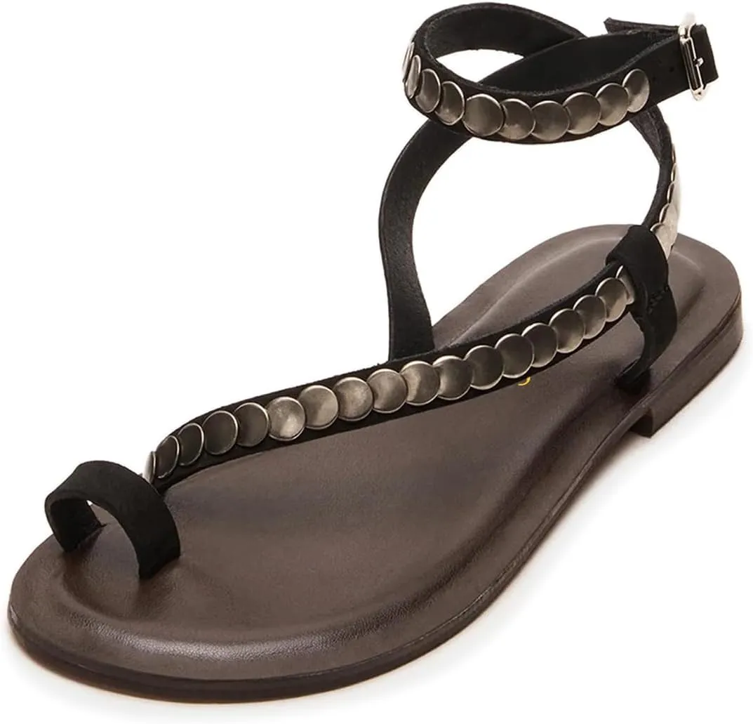 Maiyang Women Fashion Studded Strappy Toe Ring Flat Sandals Soft Insole Ankle Strap Buckle Summer Vacation Casual Dress Shoes Size 4-16 US