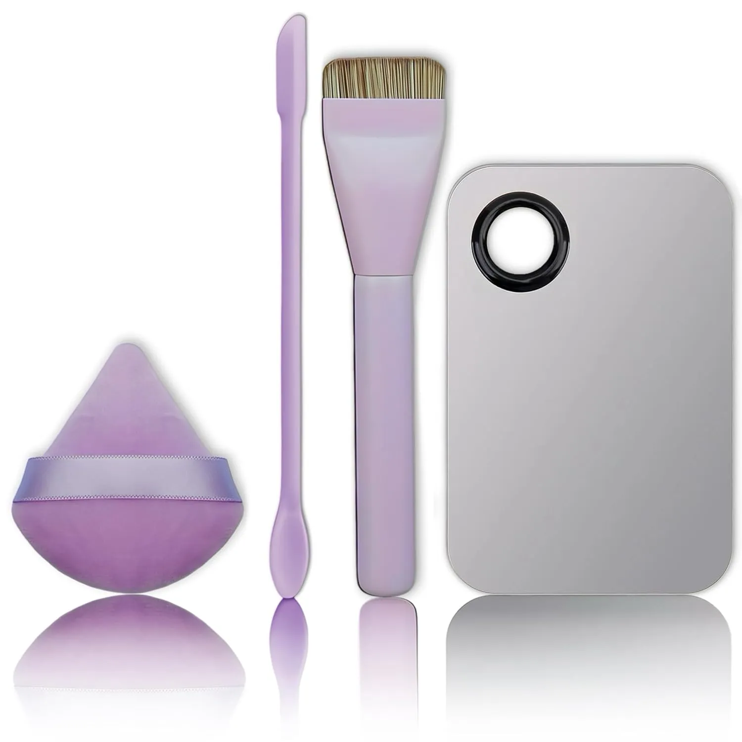 Makeup Brush Set – Flat Foundation Brush, Blender Sponge, Dual-Ended Silicone Spatula & Rectangular Stainless Steel Mixing Palette – Complete Face Makeup Tool Kit for Blending & Application