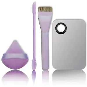 Makeup Brush Set – Flat Foundation Brush, Blender Sponge, Dual-Ended Silicone Spatula & Rectangular Stainless Steel Mixing Palette – Complete Face Makeup Tool Kit for Blending & Application