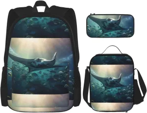 Manta Ray And Fish Print Unisex Stylish Travel Backpack Set With Insulated Lunch Bag,Adjustable Straps