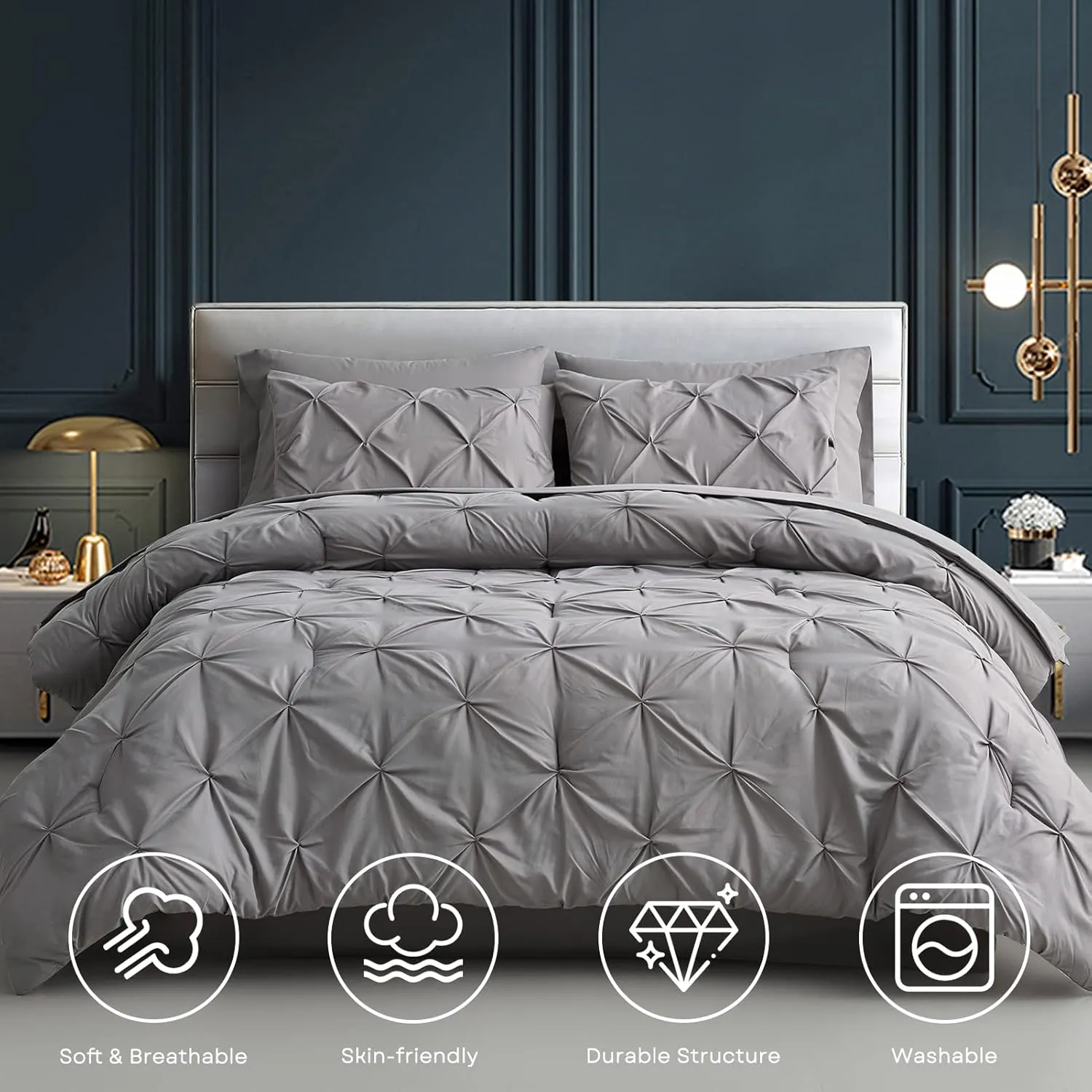 Maple&Stone King Comforter Set - 7 Pieces Pintuck Bed in A Bag King Pleat Pinch - Comforters King Size - Comforter Set with Flat Sheet, Fitted Sheet and Pillowcases & Shams