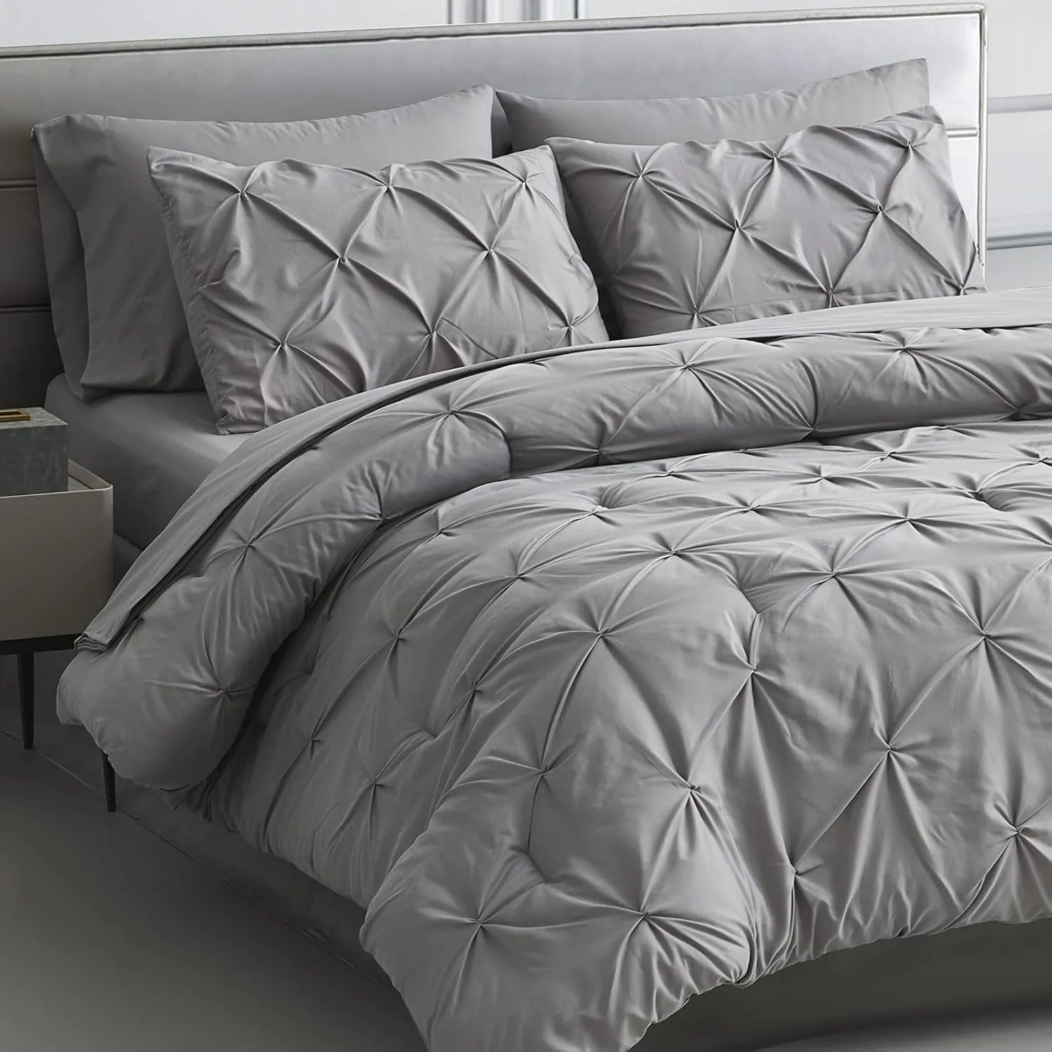 Maple&Stone King Comforter Set - 7 Pieces Pintuck Bed in A Bag King Pleat Pinch - Comforters King Size - Comforter Set with Flat Sheet, Fitted Sheet and Pillowcases & Shams