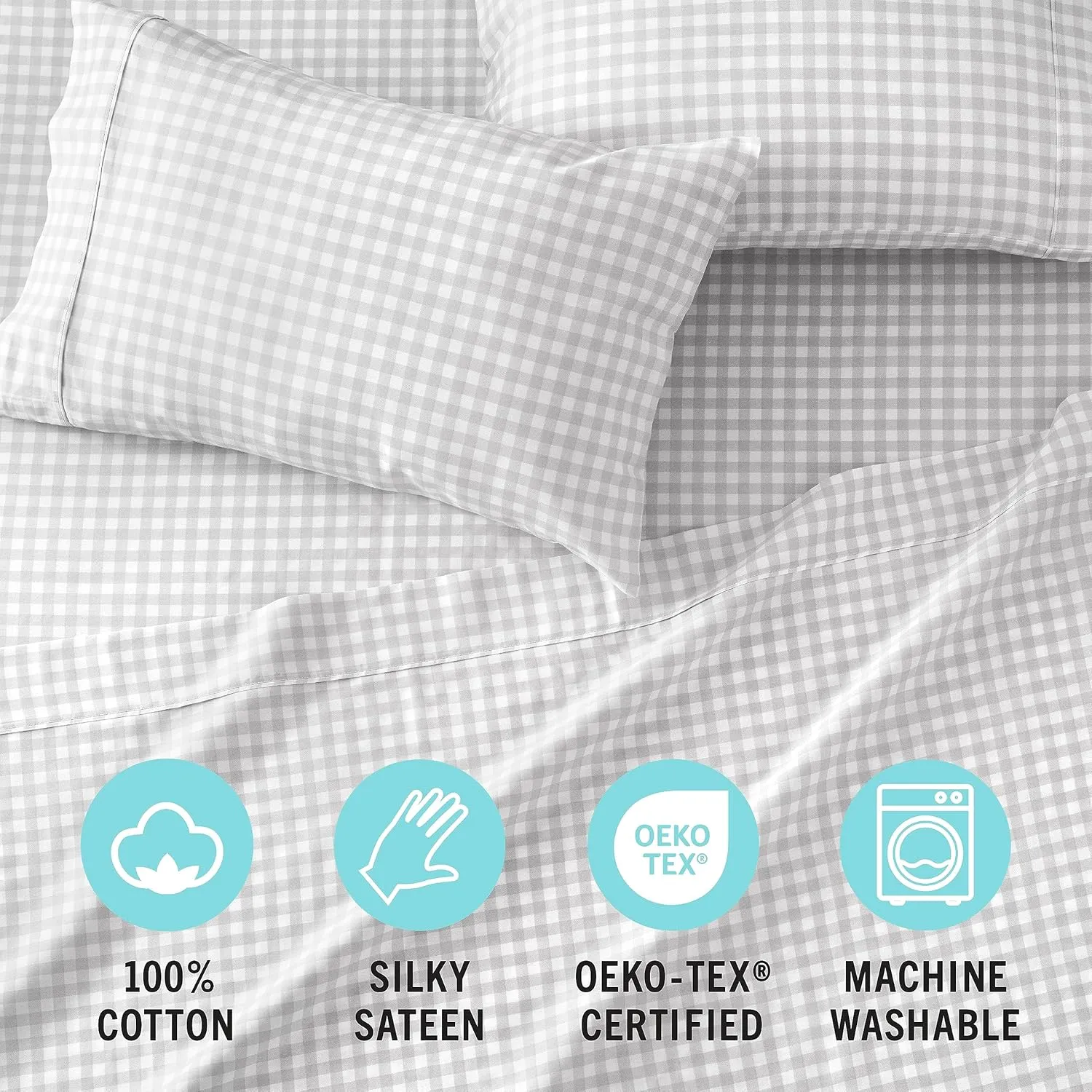 MARTHA STEWART 100% Cotton Queen Sheet Set - 4 Piece, Soft, Smooth, Durable, Easy Care, 16" Deep Pocket Sheets, Sateen Sheets, 1 Flat, 1 Fitted, 2 Pillowcases, Light Grey
