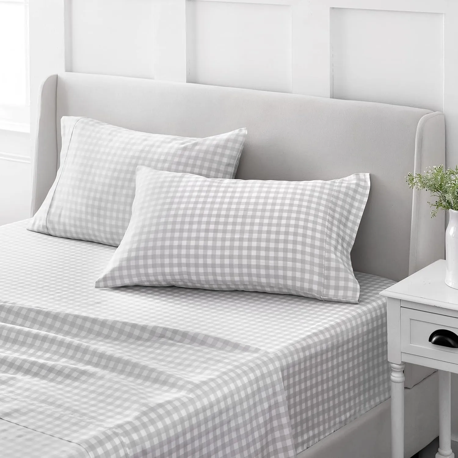 MARTHA STEWART 100% Cotton Queen Sheet Set - 4 Piece, Soft, Smooth, Durable, Easy Care, 16" Deep Pocket Sheets, Sateen Sheets, 1 Flat, 1 Fitted, 2 Pillowcases, Light Grey