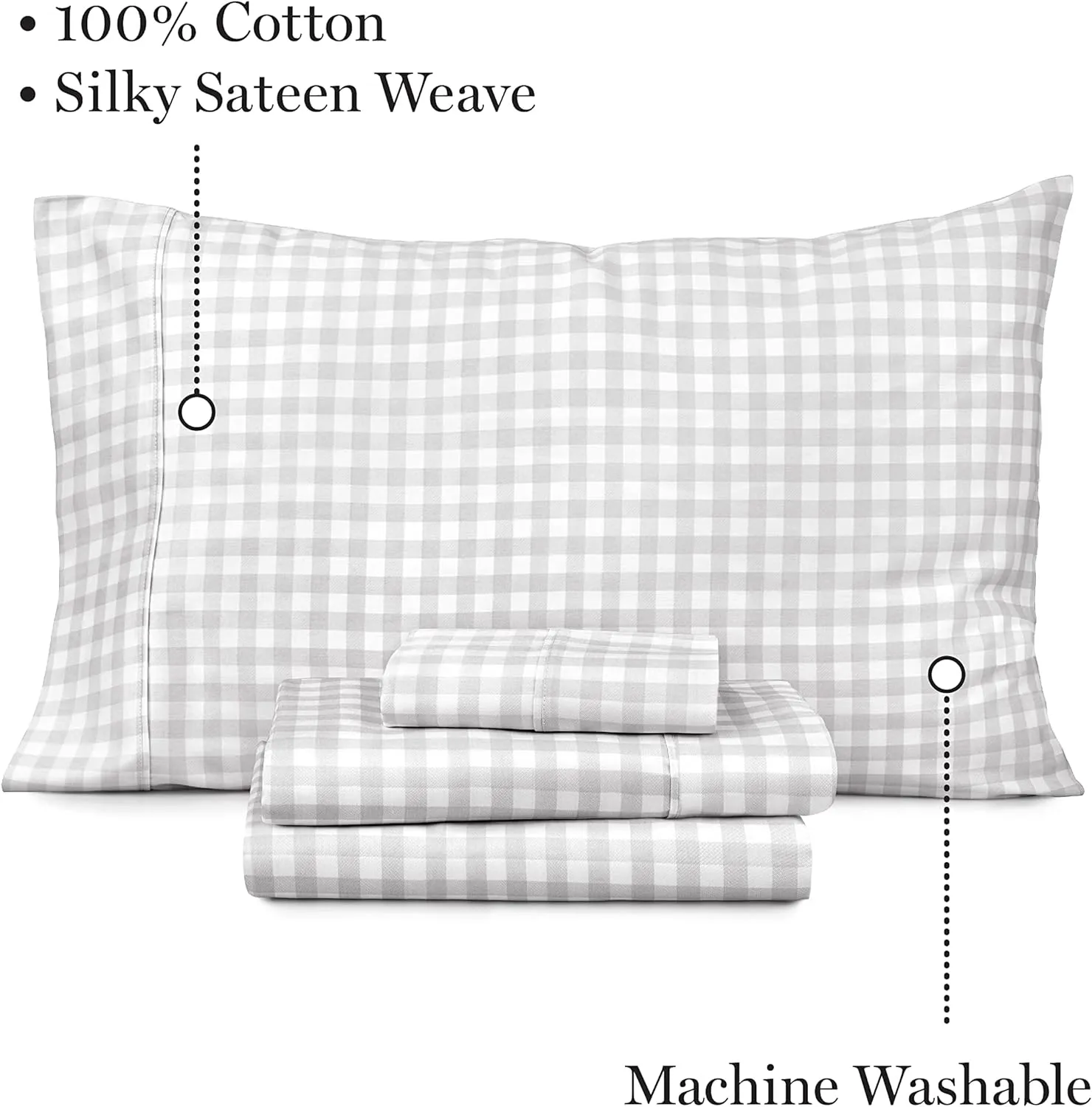 MARTHA STEWART 100% Cotton Queen Sheet Set - 4 Piece, Soft, Smooth, Durable, Easy Care, 16" Deep Pocket Sheets, Sateen Sheets, 1 Flat, 1 Fitted, 2 Pillowcases, Light Grey