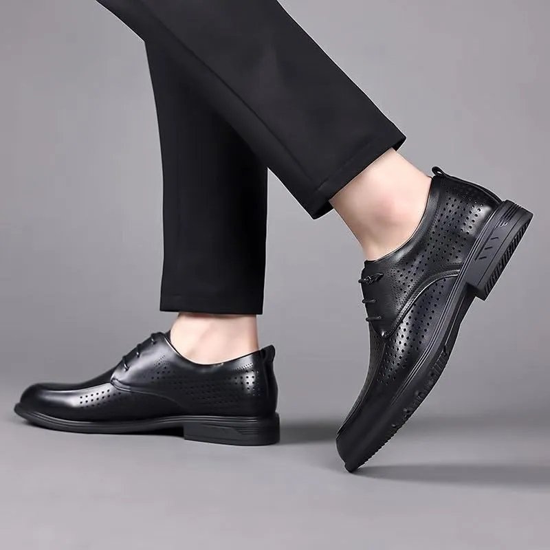 Mens Breathable Leather Dress Sandals Summer Perforated Genuine Leather Business Formal Office Oxford Shoes