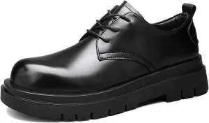 Men's Classic Leather Lace Up Platform Derby Oxfords Black Round Toe Slip Resistant Low Top Lug Sole Oxford Shoes Comfortable Work Business Dress Shoes