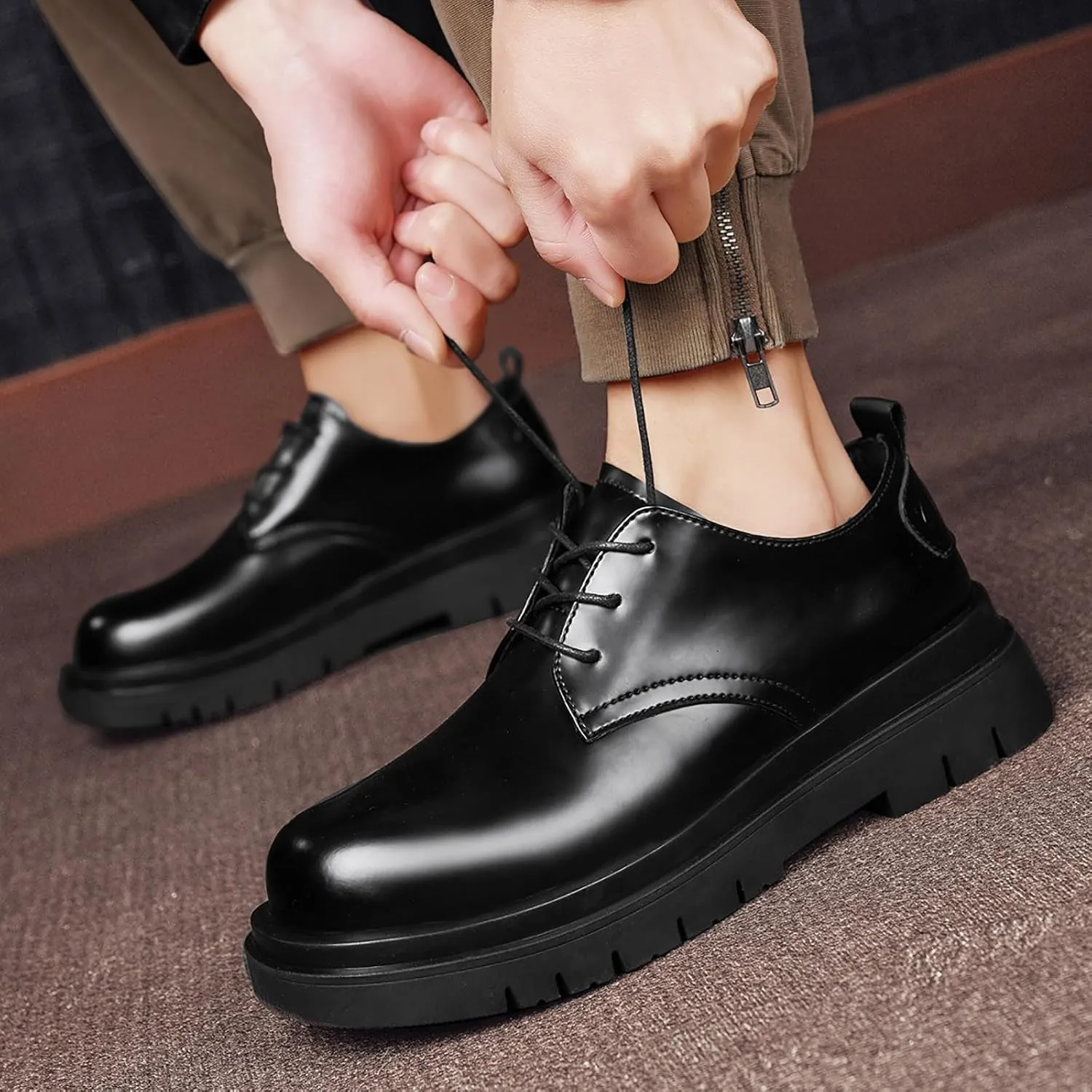 Men's Classic Leather Lace Up Platform Derby Oxfords Black Round Toe Slip Resistant Low Top Lug Sole Oxford Shoes Comfortable Work Business Dress Shoes