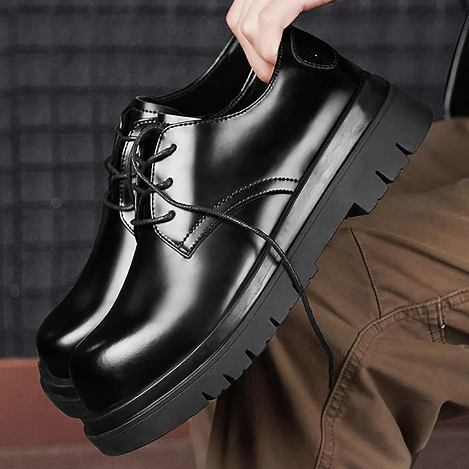 Men's Classic Leather Lace Up Platform Derby Oxfords Black Round Toe Slip Resistant Low Top Lug Sole Oxford Shoes Comfortable Work Business Dress Shoes