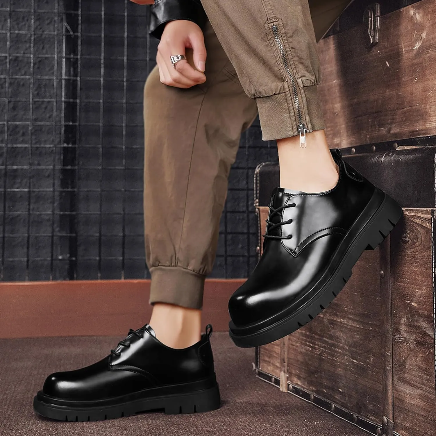 Men's Classic Leather Lace Up Platform Derby Oxfords Black Round Toe Slip Resistant Low Top Lug Sole Oxford Shoes Comfortable Work Business Dress Shoes
