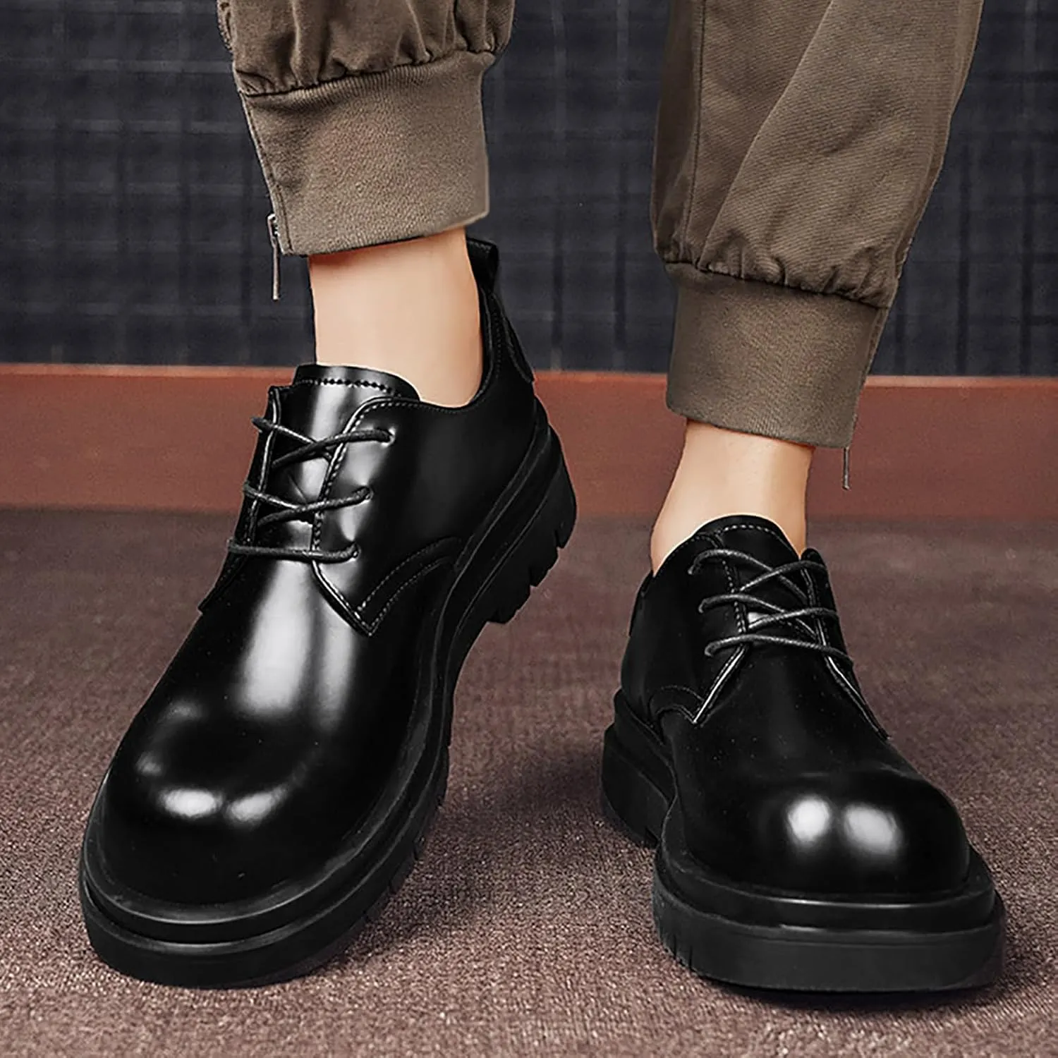 Men's Classic Leather Lace Up Platform Derby Oxfords Black Round Toe Slip Resistant Low Top Lug Sole Oxford Shoes Comfortable Work Business Dress Shoes
