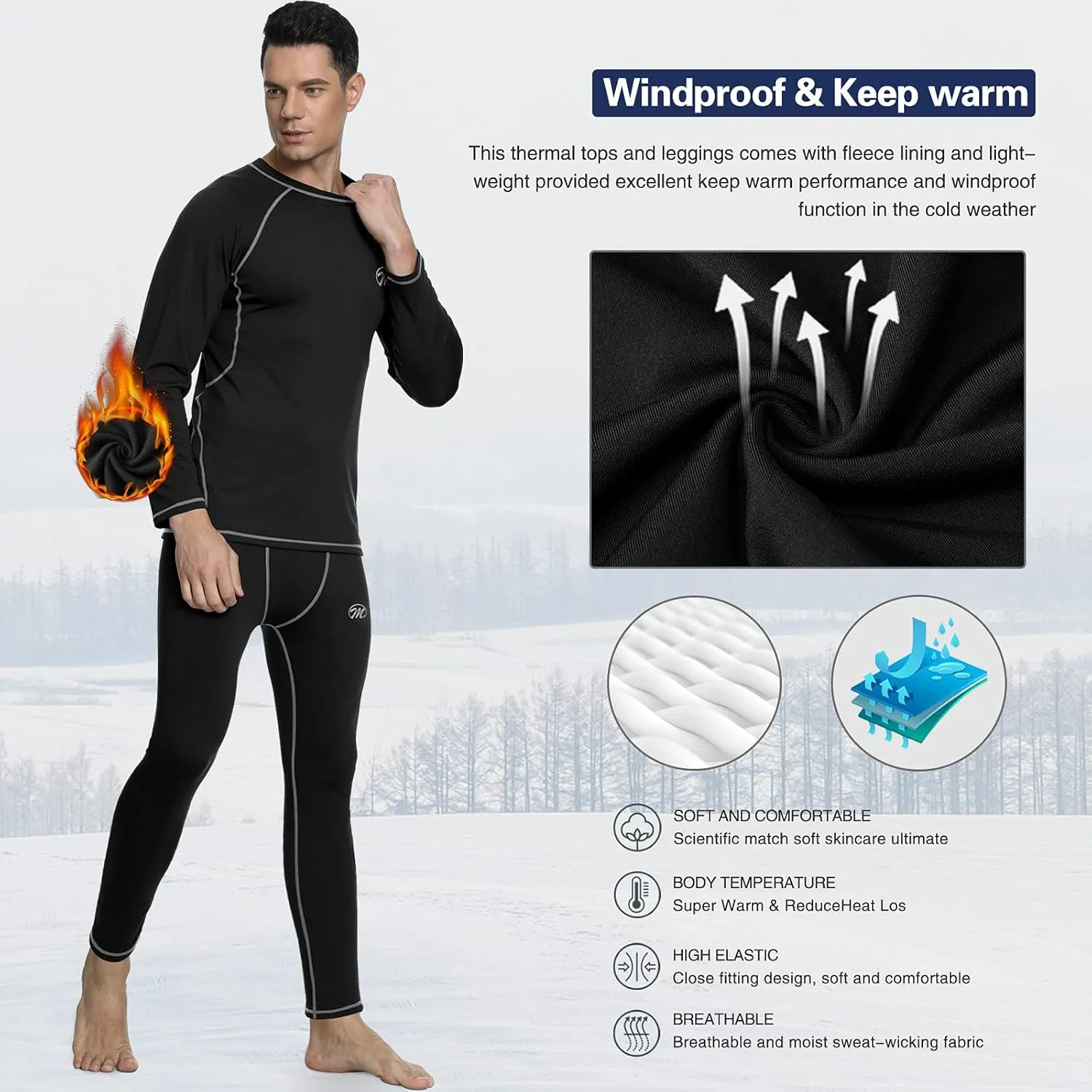 Men's Compression Base Layers Long Johns Winter Gear with Fleece Lined for Skiing