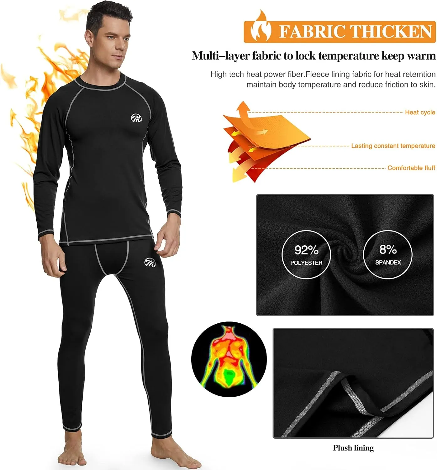 Men's Compression Base Layers Long Johns Winter Gear with Fleece Lined for Skiing