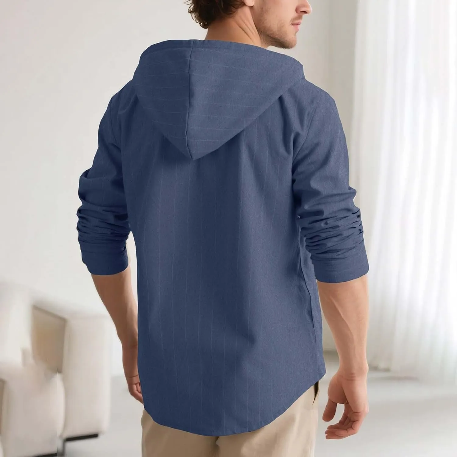Mens Cotton Linen Hoodies Striped Casual Long Sleeve V Neck Button Down Hooded Shirts Hawaiian Beach Yoga Sweatshirts