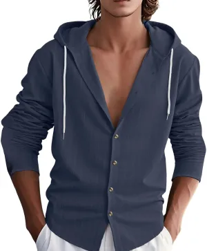 Mens Cotton Linen Hoodies Striped Casual Long Sleeve V Neck Button Down Hooded Shirts Hawaiian Beach Yoga Sweatshirts