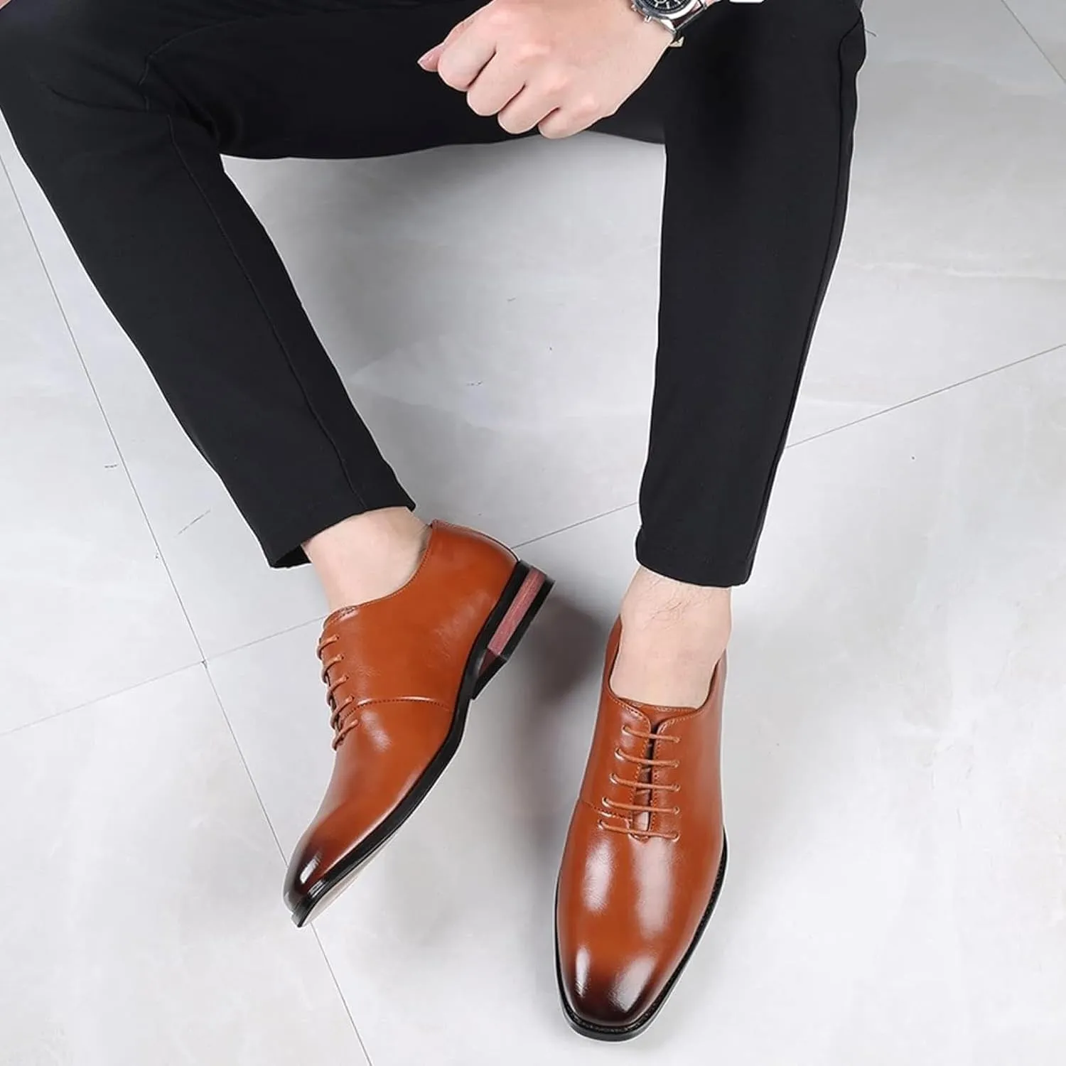 Men's Formal Shoes, Gentlemen's Wedding Parties, Oxford Shoes, Fashionable Low Top Lace up Business Shoes, Pointed Classic Leather Shoes