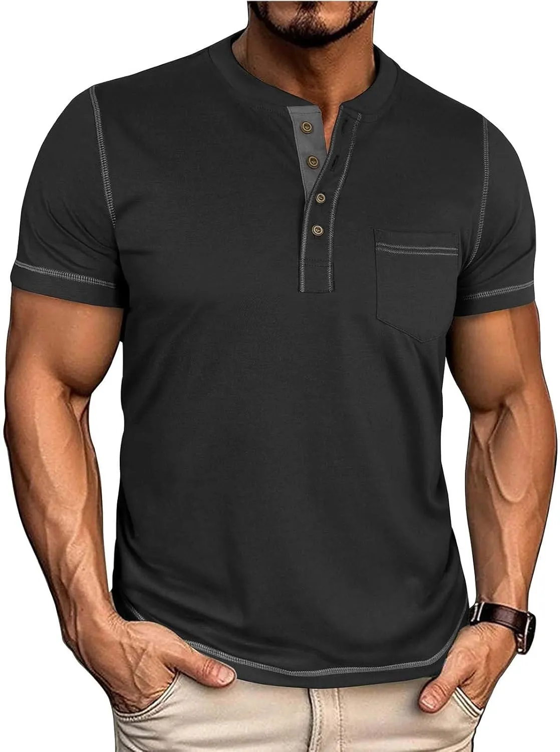 Men's Henley Shirt Soft Cotton Short Sleeve Stretchy Muscle Fit T Shirts Classic Band Collar Button Down Tee Tops