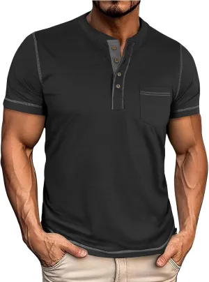 Men's Henley Shirt Soft Cotton Short Sleeve Stretchy Muscle Fit T Shirts Classic Band Collar Button Down Tee Tops