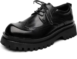 Men's Leather Wingtip Platform Oxfords - Vintage Round Toe Lace-Up Derby Shoes for Business Office & Work - Classic Formal Design