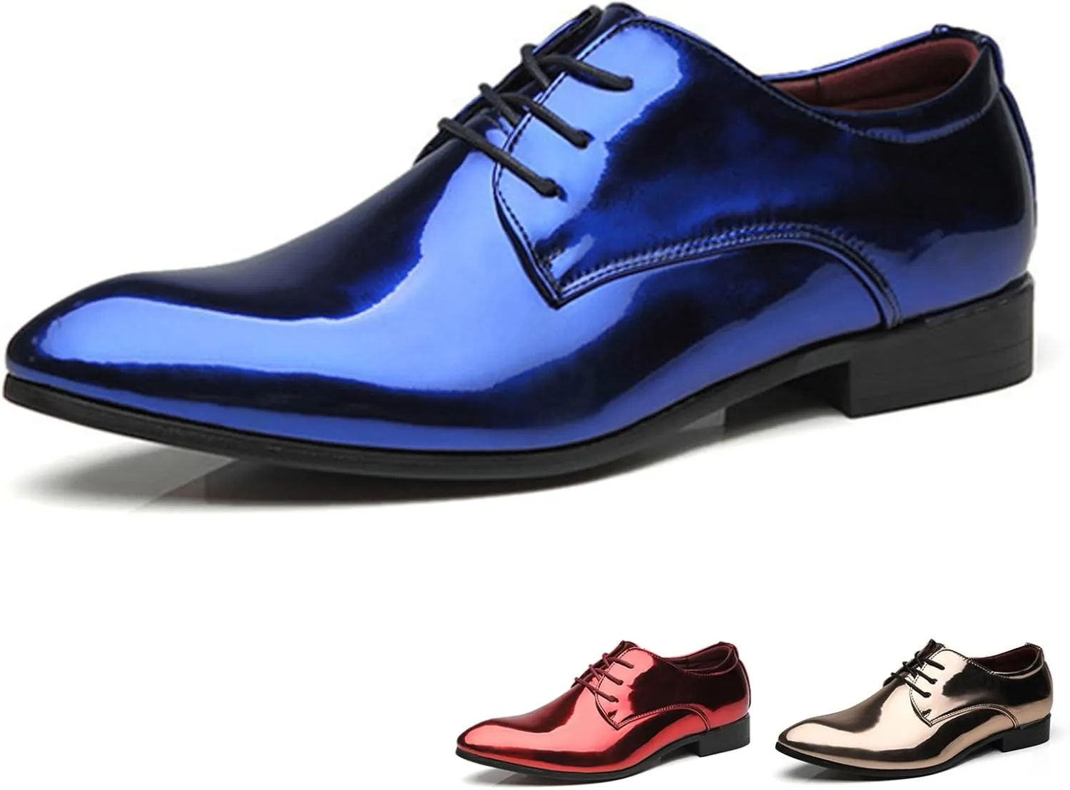 Men's Patent Leather Fashion Lace Up Low Heel Oxford Shoes Shiny Luxury Classic Pointed Toe Low Top Formal Derby Shoes Prom Party Casual Business Tuxedo Dress Shoes