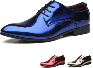 Men's Patent Leather Fashion Lace Up Low Heel Oxford Shoes Shiny Luxury Classic Pointed Toe Low Top Formal Derby Shoes Prom Party Casual Business Tuxedo Dress Shoes