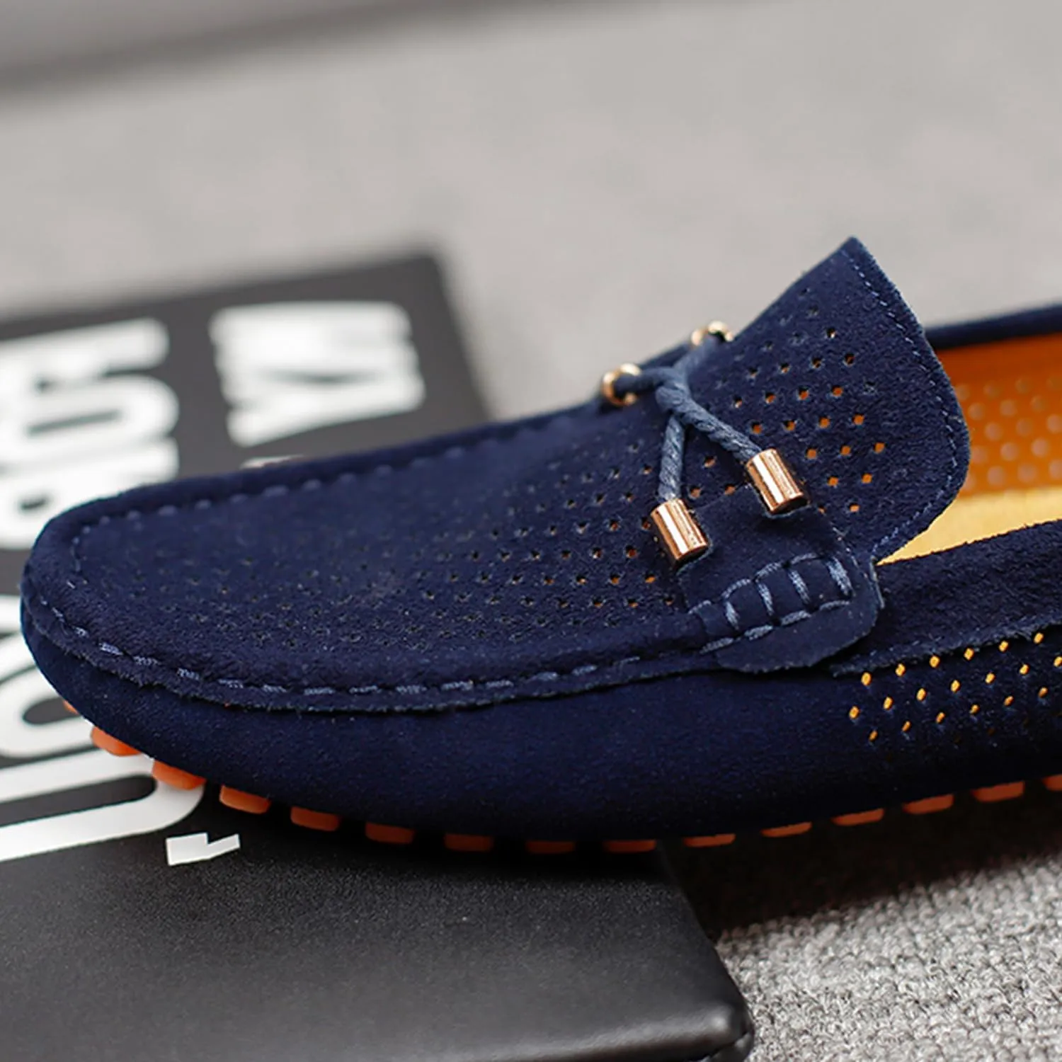 Men's Penny Loafers Suede Driving Moccasins Perforated Slip-On Loafers with Orange Sole Flats Boat Shoes