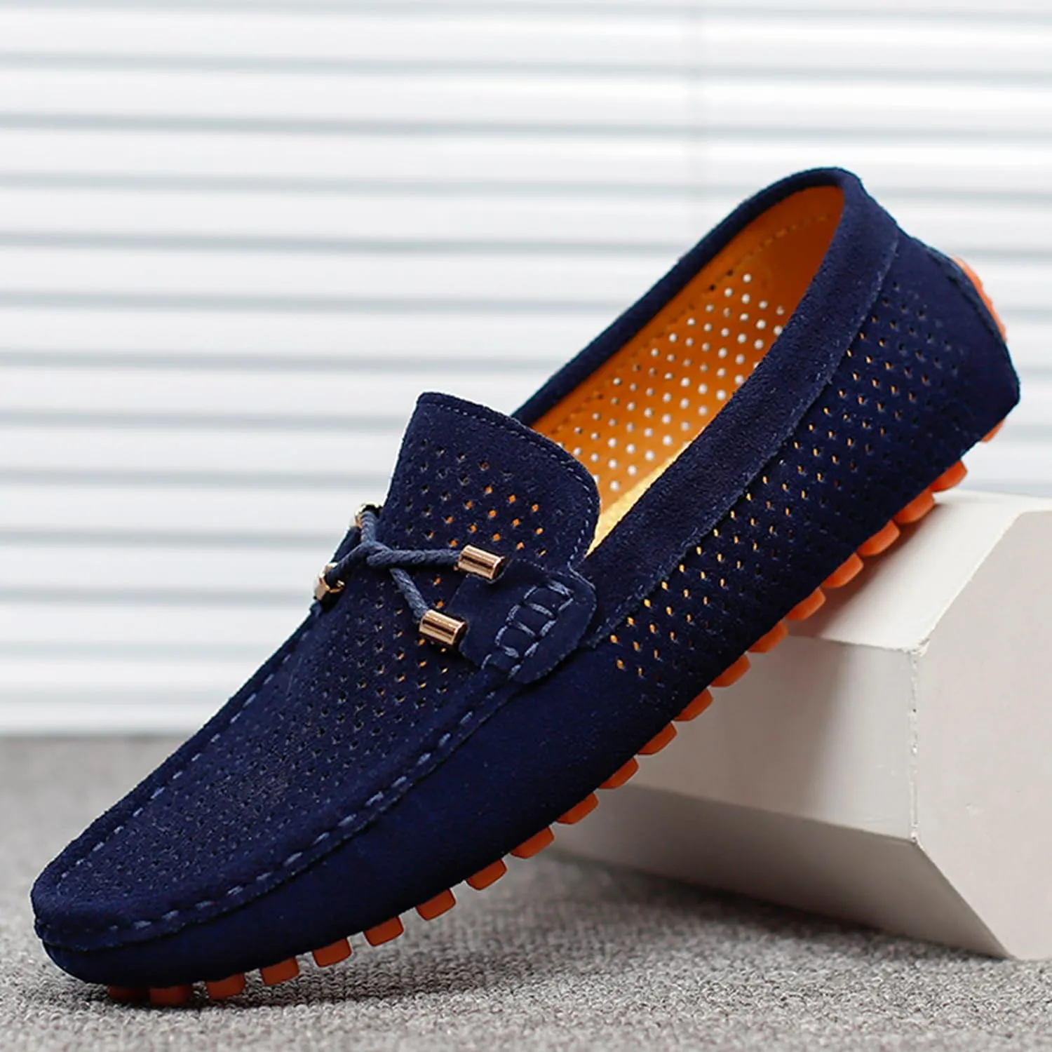 Men's Penny Loafers Suede Driving Moccasins Perforated Slip-On Loafers with Orange Sole Flats Boat Shoes