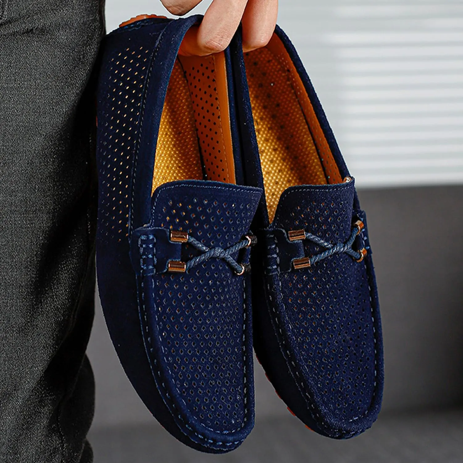 Men's Penny Loafers Suede Driving Moccasins Perforated Slip-On Loafers with Orange Sole Flats Boat Shoes