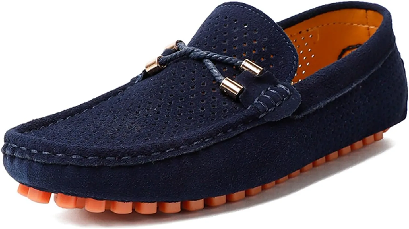 Men's Penny Loafers Suede Driving Moccasins Perforated Slip-On Loafers with Orange Sole Flats Boat Shoes