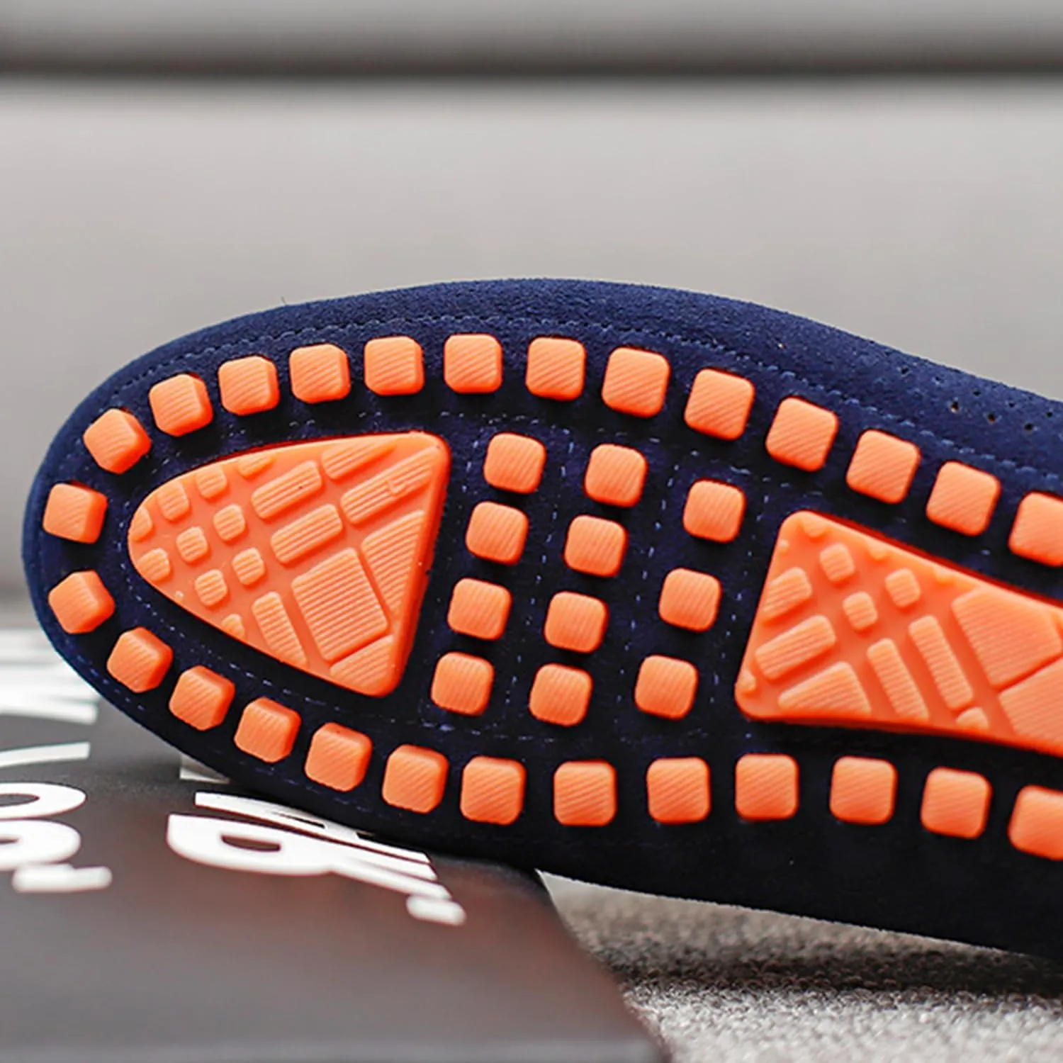 Men's Penny Loafers Suede Driving Moccasins Perforated Slip-On Loafers with Orange Sole Flats Boat Shoes