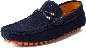Men's Penny Loafers Suede Driving Moccasins Perforated Slip-On Loafers with Orange Sole Flats Boat Shoes
