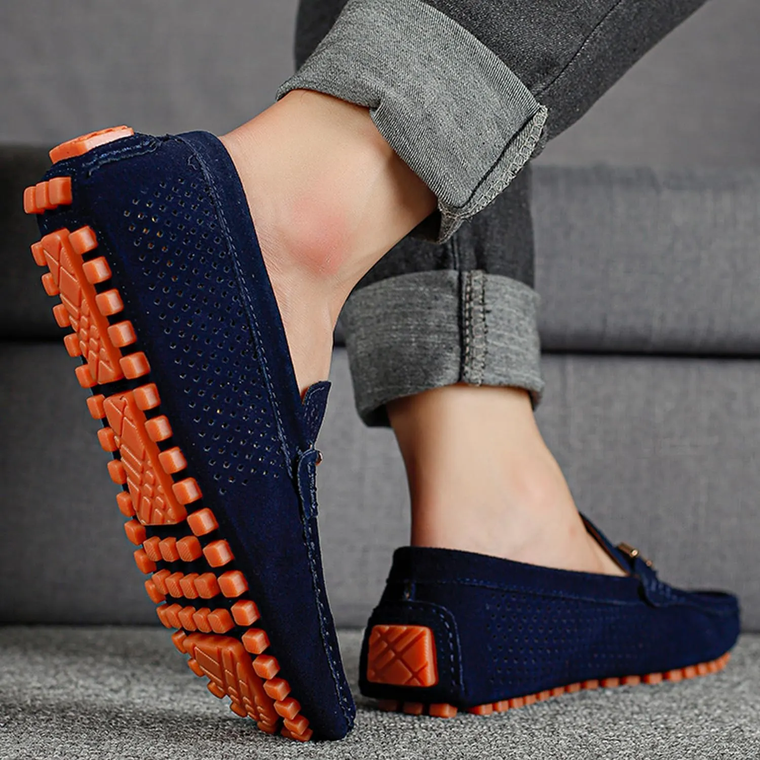 Men's Penny Loafers Suede Driving Moccasins Perforated Slip-On Loafers with Orange Sole Flats Boat Shoes