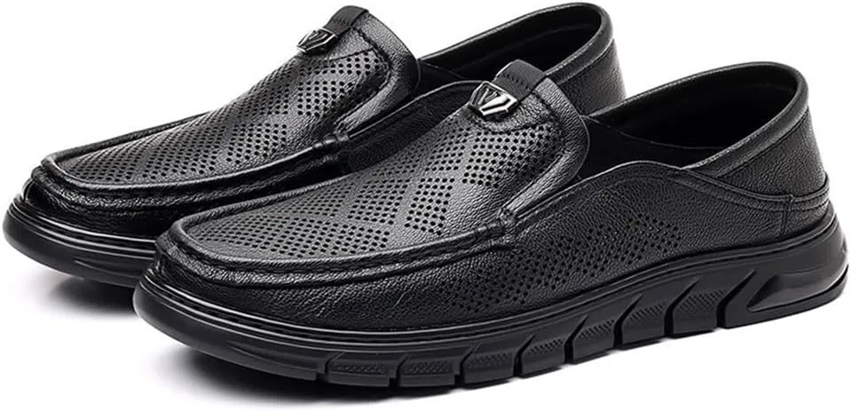 Mens Slip On Perforated Leather Loafers Summer Breathable Lambskin Soft Sole Casual Shoes Lightweight Driving Shoes